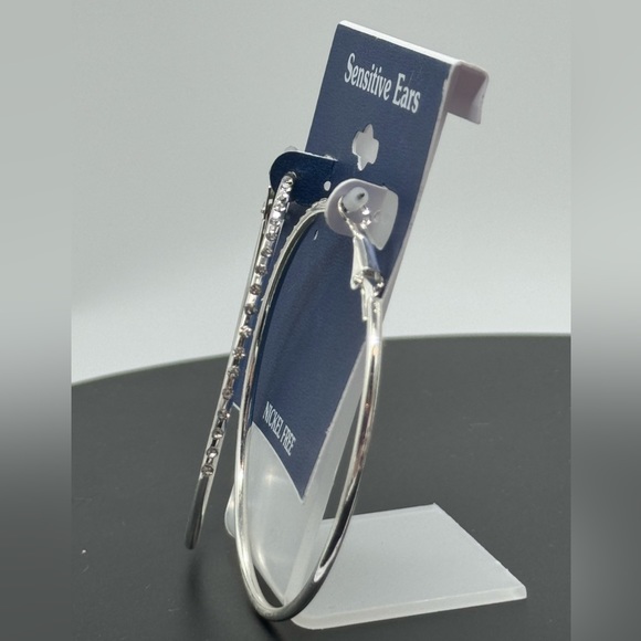 Sensitive Ears Silver Hoop Earrings With CZ Accents 2.5 inch - Picture 3 of 5